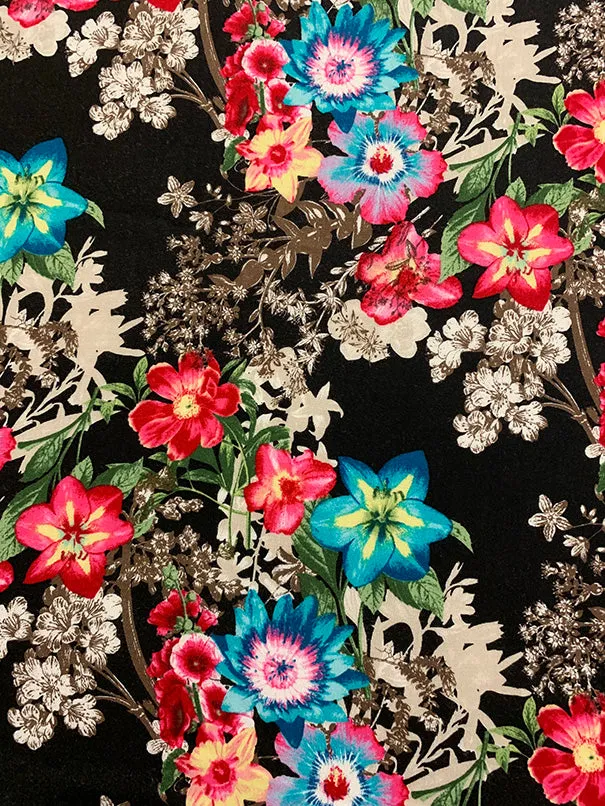 Black Multi Floral Print Rayon Fabric