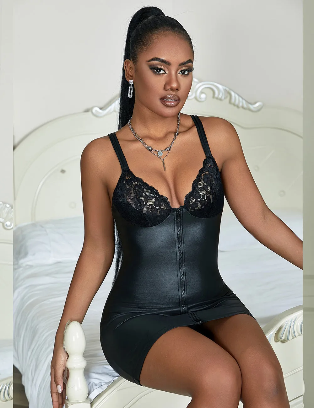 Black PU Leather Egypt Lace Zipper Sexy Lingerie