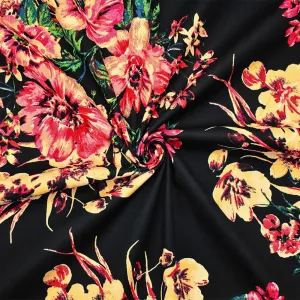 Black-Red-Multi Cotton Floral Print Stretch Spandex Poplin Woven Fabric