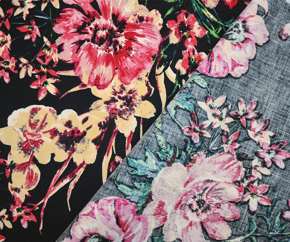 Black-Red-Multi Cotton Floral Print Stretch Spandex Poplin Woven Fabric