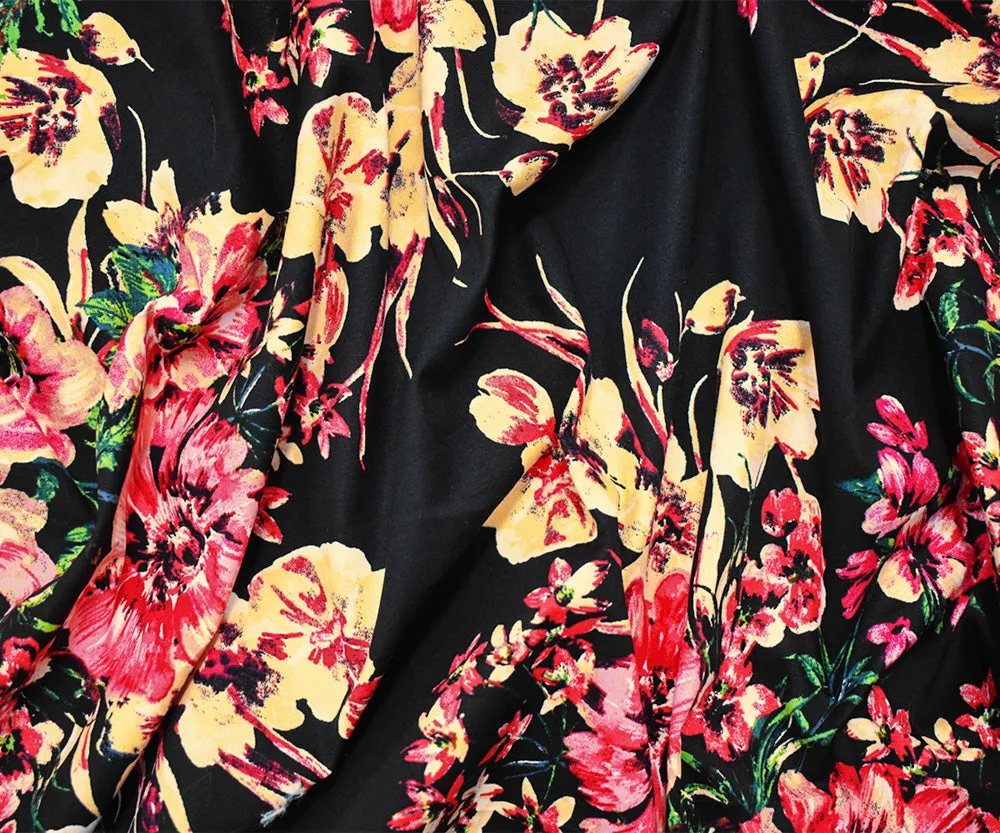 Black-Red-Multi Cotton Floral Print Stretch Spandex Poplin Woven Fabric