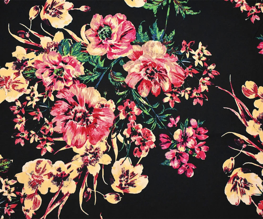 Black-Red-Multi Cotton Floral Print Stretch Spandex Poplin Woven Fabric