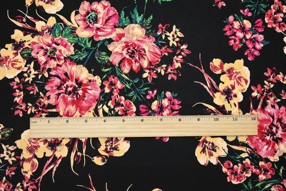 Black-Red-Multi Cotton Floral Print Stretch Spandex Poplin Woven Fabric