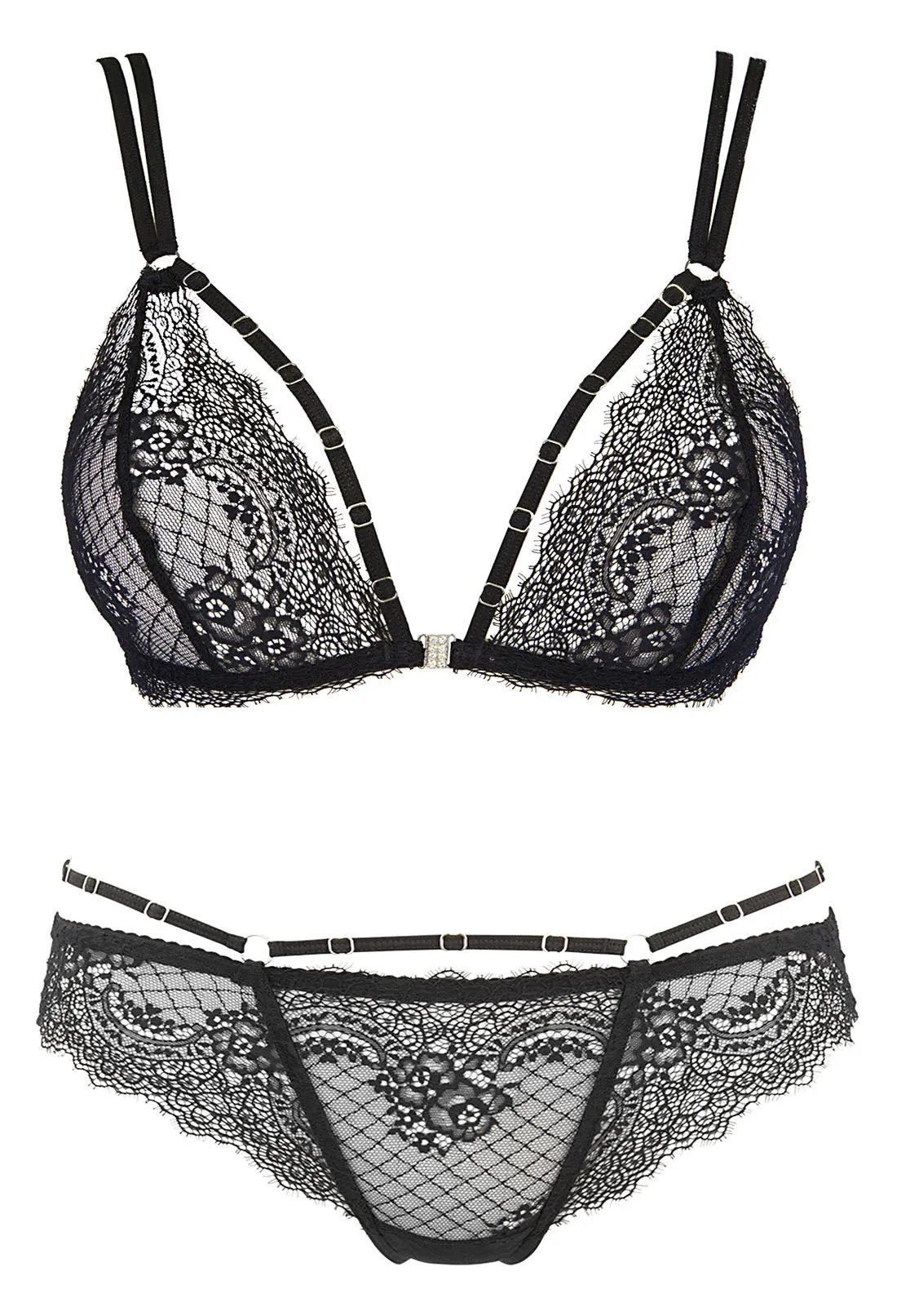 Black Shimmer Lace Tri Bra & Panty Set