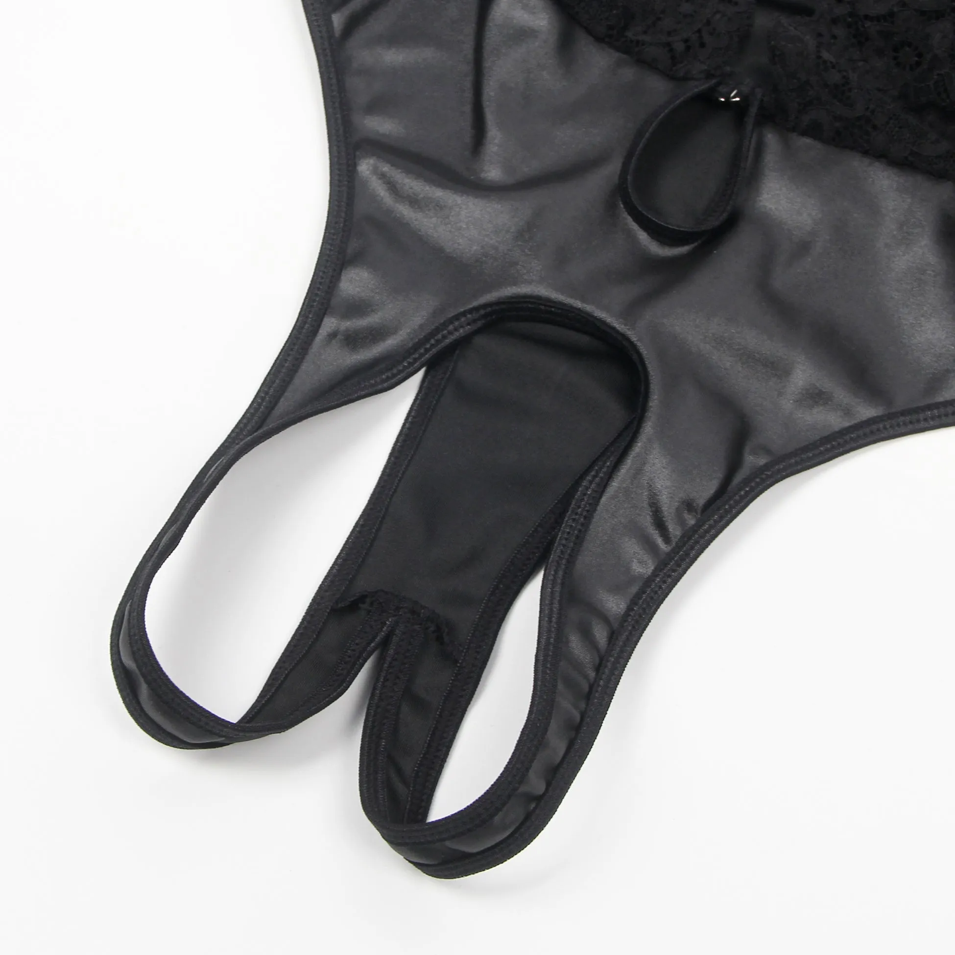 Black Sleeveless Lace Deep V-neck Faux Leather Bodysuit Lingerie Egypt