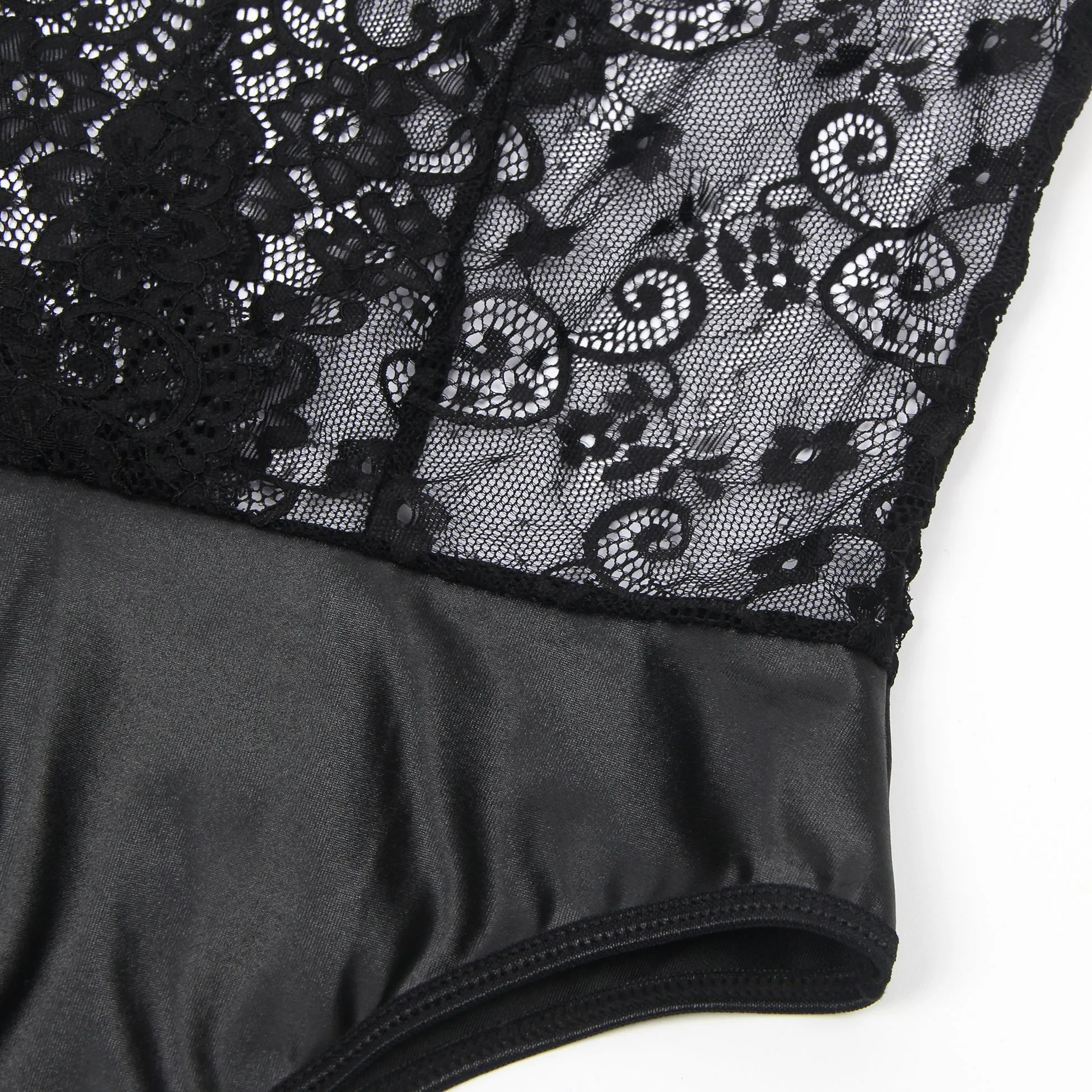 Black Sleeveless Lace Deep V-neck Faux Leather Bodysuit Lingerie Egypt
