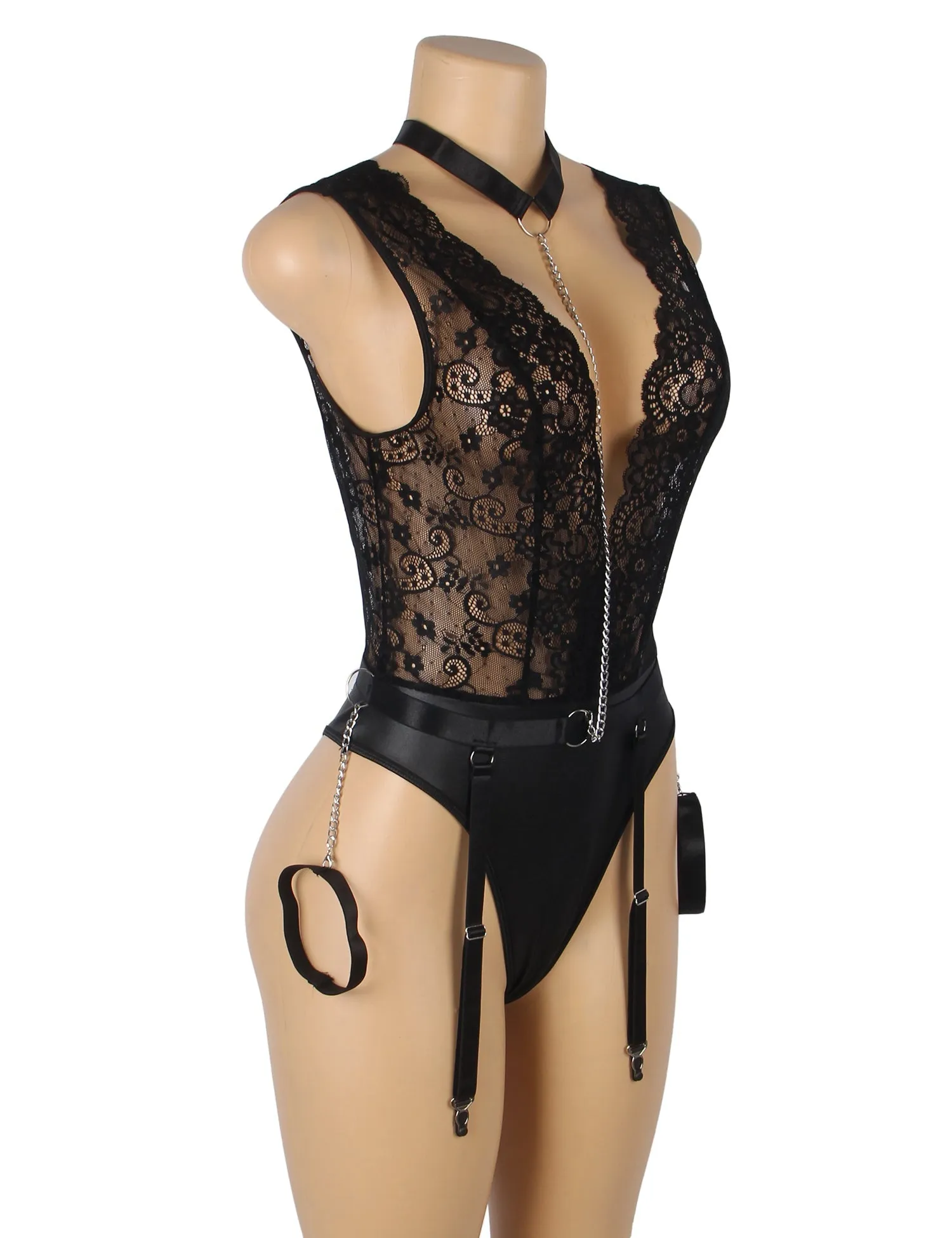 Black Sleeveless Lace Deep V-neck Faux Leather Bodysuit Lingerie Egypt