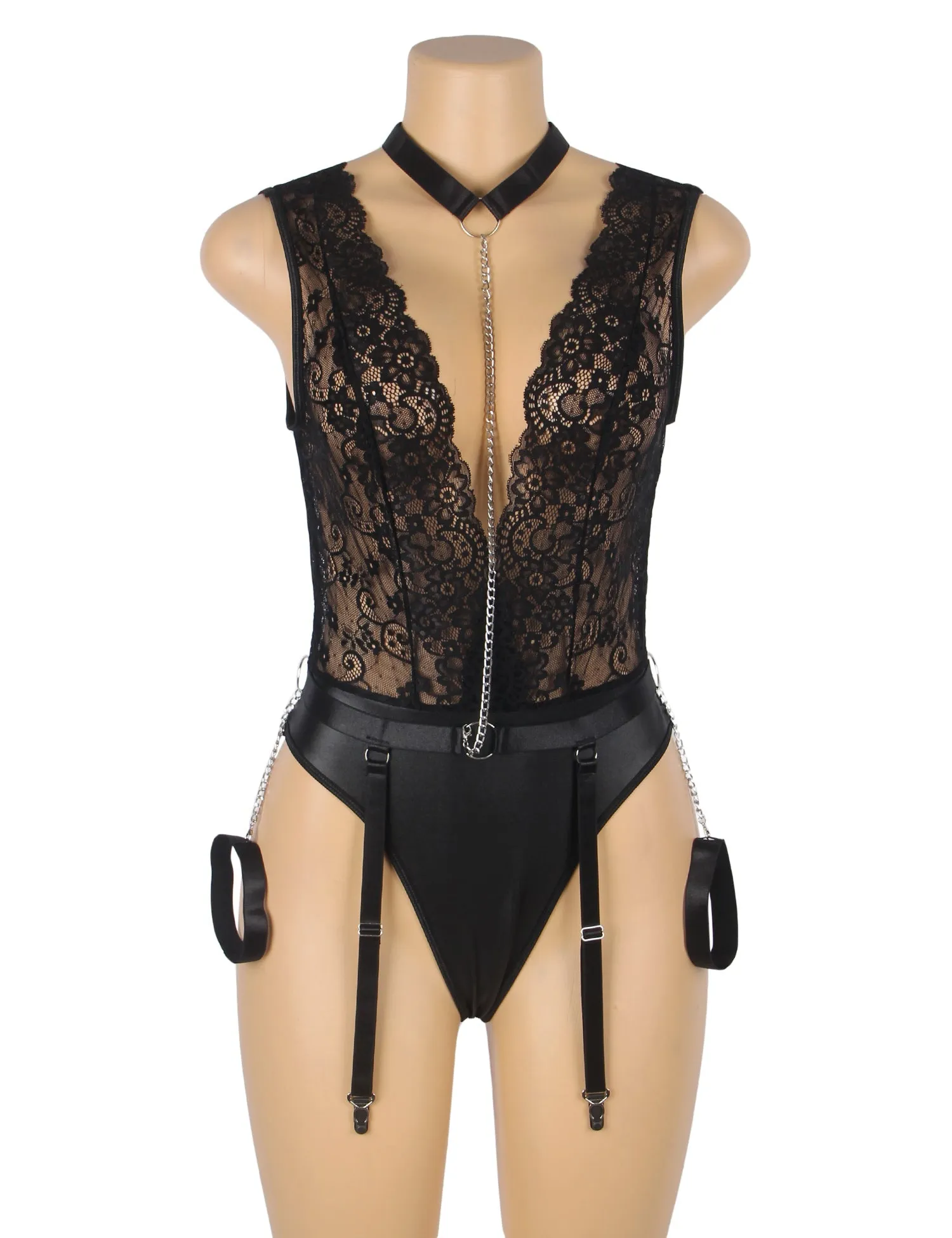 Black Sleeveless Lace Deep V-neck Faux Leather Bodysuit Lingerie Egypt
