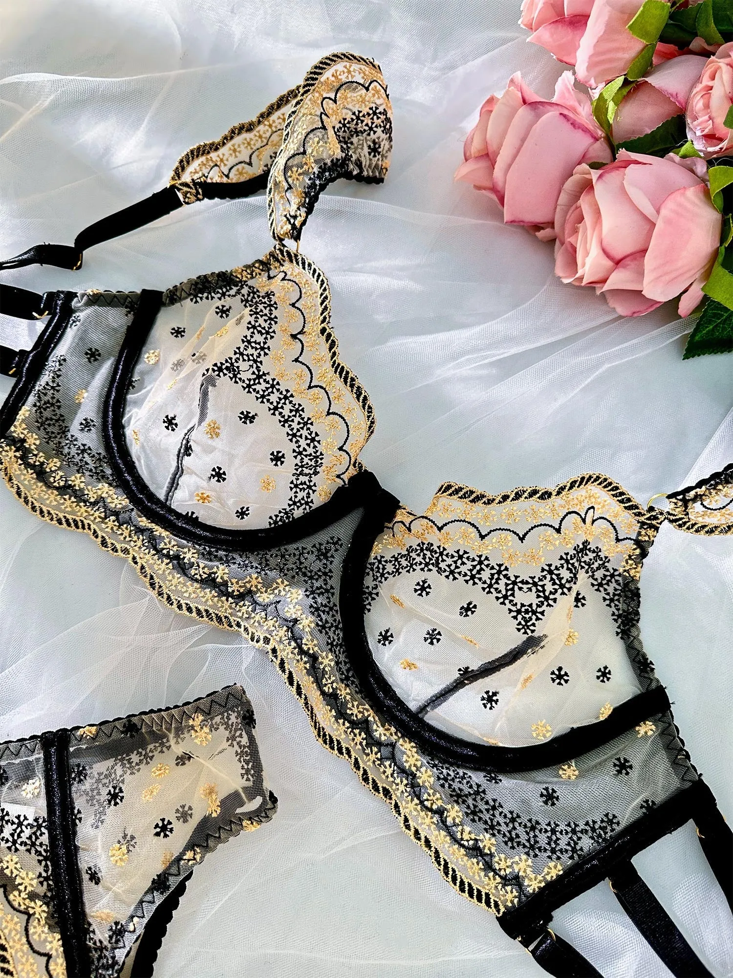 Black&Gold Luxury Lace Embroidered Lingerie Set From Hello.LA.Girl