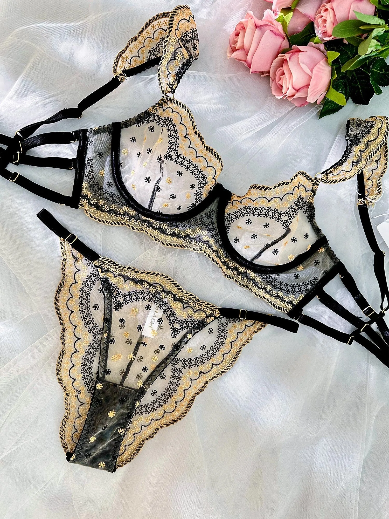 Black&Gold Luxury Lace Embroidered Lingerie Set From Hello.LA.Girl