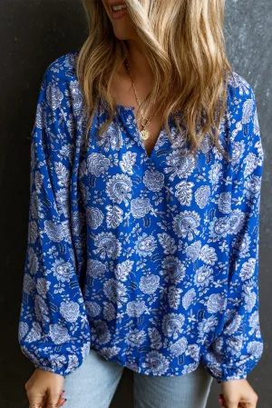 Bloemen Notched Hals Ballonmouw Blouse