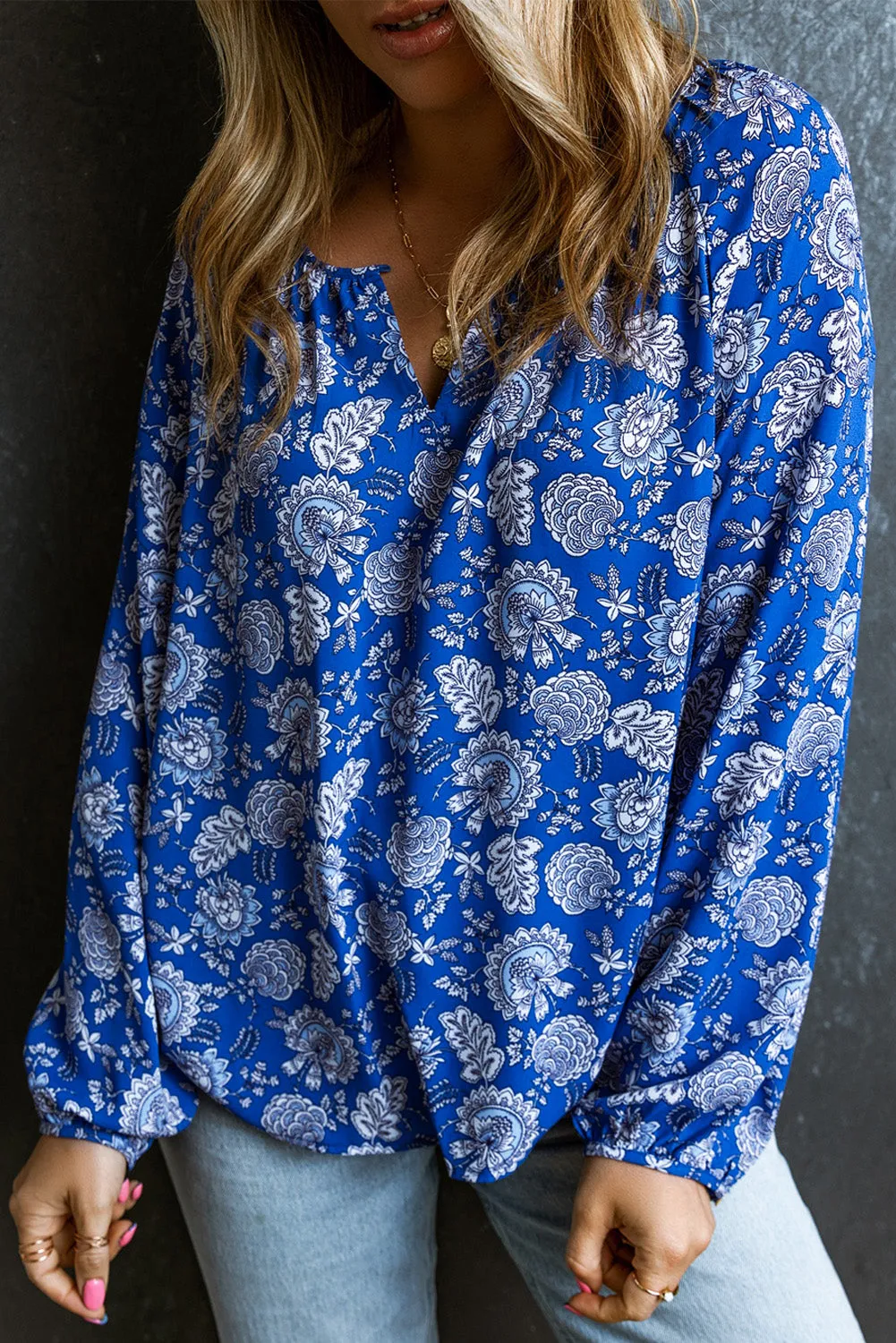 Bloemen Notched Hals Ballonmouw Blouse