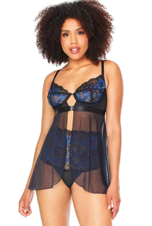 Blue & Black Lace Open Front Babydoll
