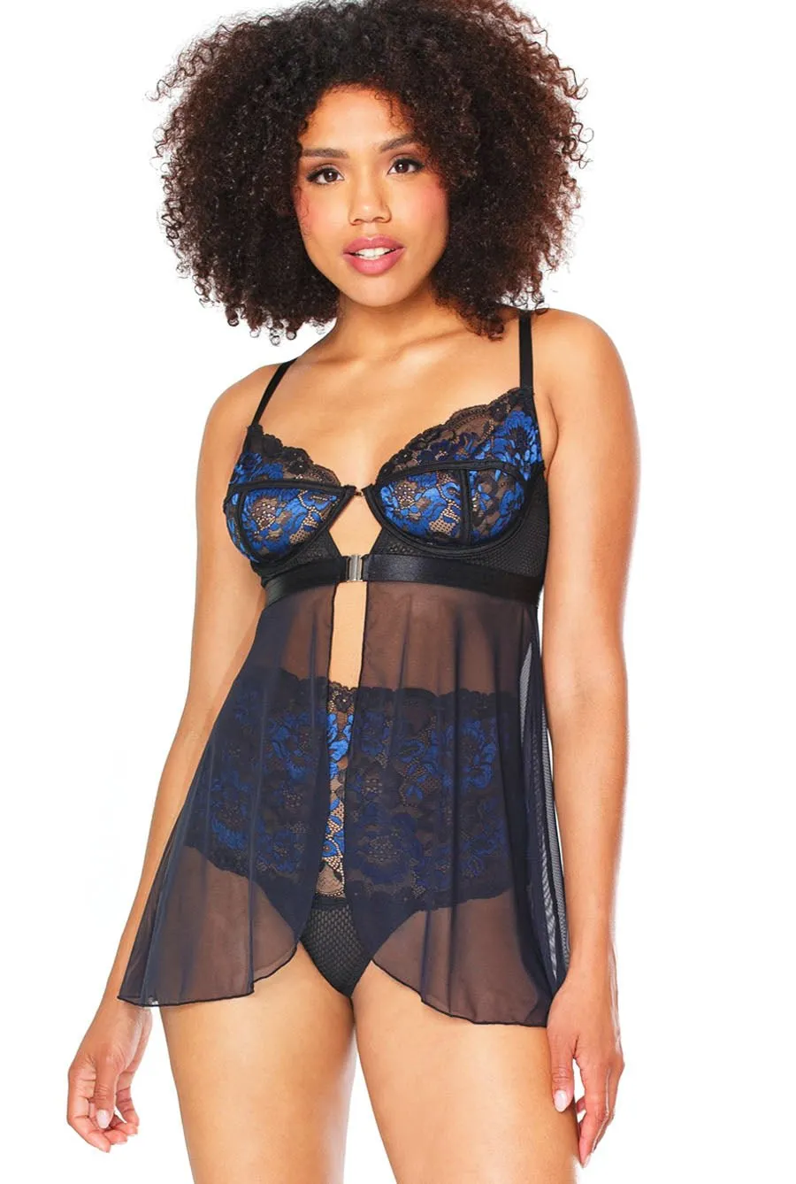 Blue & Black Lace Open Front Babydoll