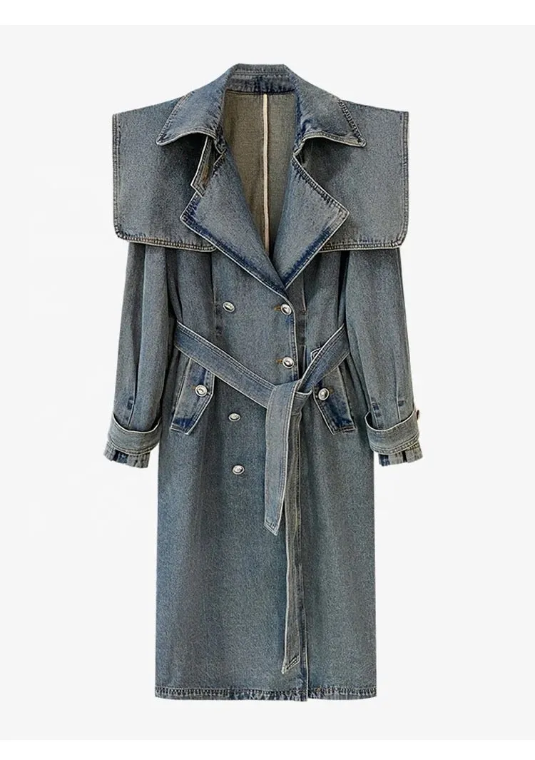 Blue Denim Long Trench -Wide Collar