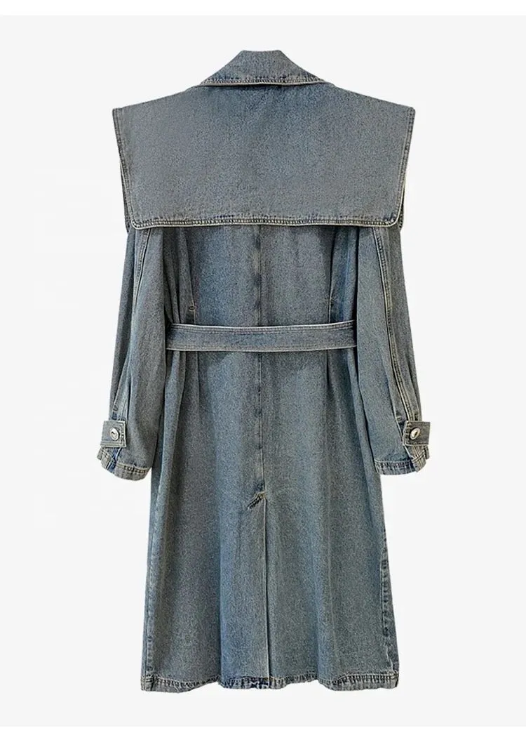 Blue Denim Long Trench -Wide Collar