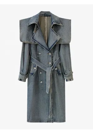 Blue Denim Long Trench -Wide Collar