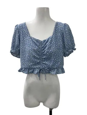 Blue Floral Drawstring Crop Top