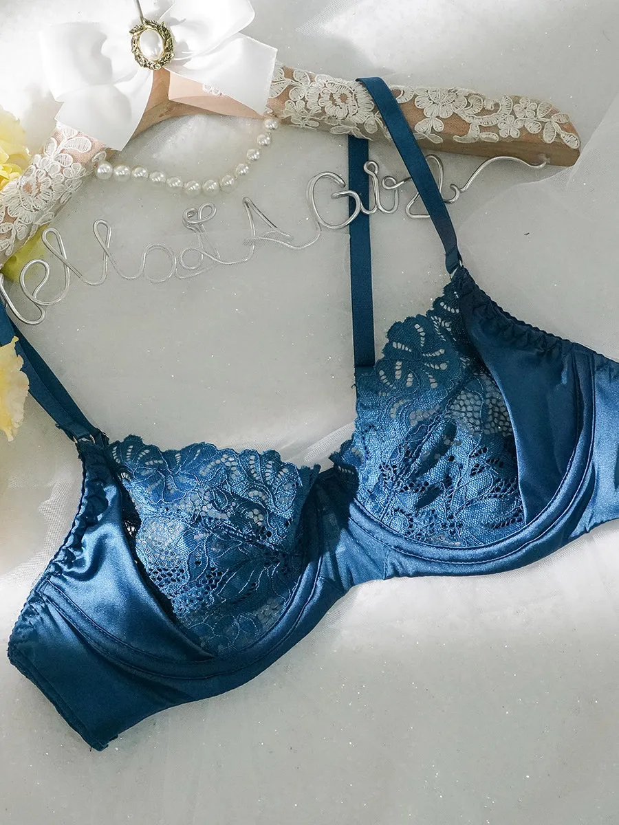 Blue  Lace Satin Mesh Push-Up Sexy Lingerie Set From Hello.LA.Girl