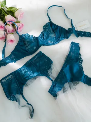Blue  Lace Satin Mesh Push-Up Sexy Lingerie Set From Hello.LA.Girl