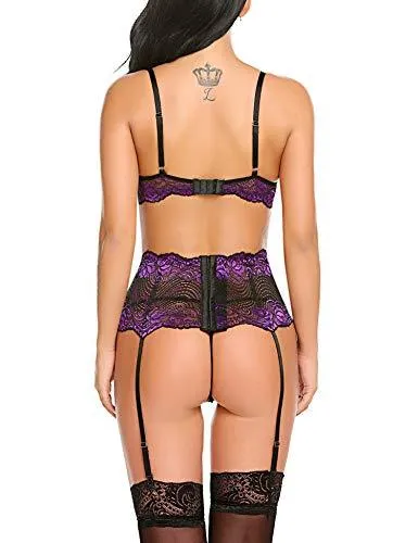 Brand new Avidlove Women Lace 3 piece Lingerie Set with Garter, Set has lots of stretch! Purple & Black! Sz XL(16-18)!