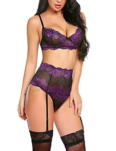 Brand new Avidlove Women Lace 3 piece Lingerie Set with Garter, Set has lots of stretch! Purple & Black! Sz XL(16-18)!