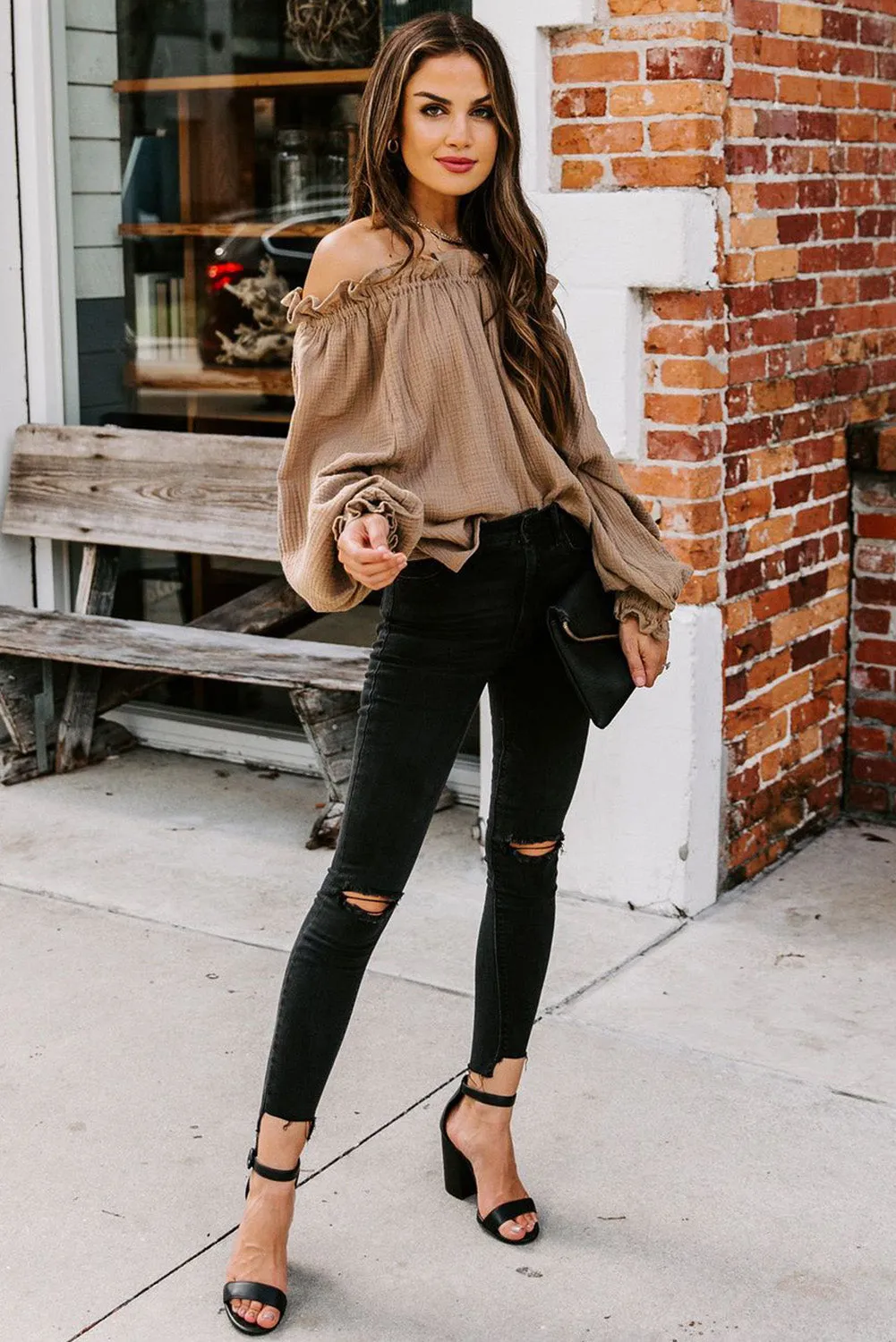 Brown Off-the-shoulder Ruffle Top
