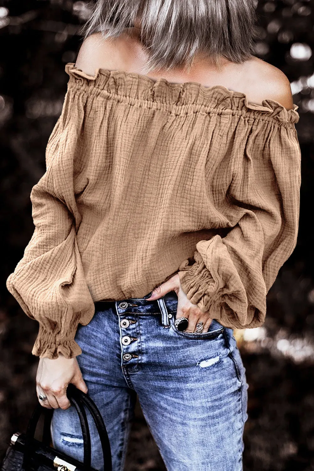 Brown Off-the-shoulder Ruffle Top