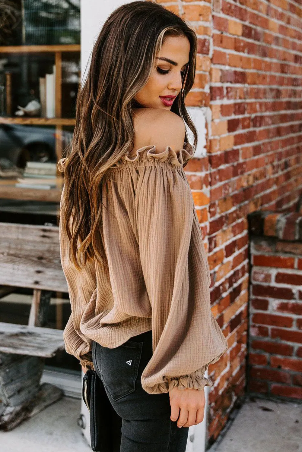 Brown Off-the-shoulder Ruffle Top