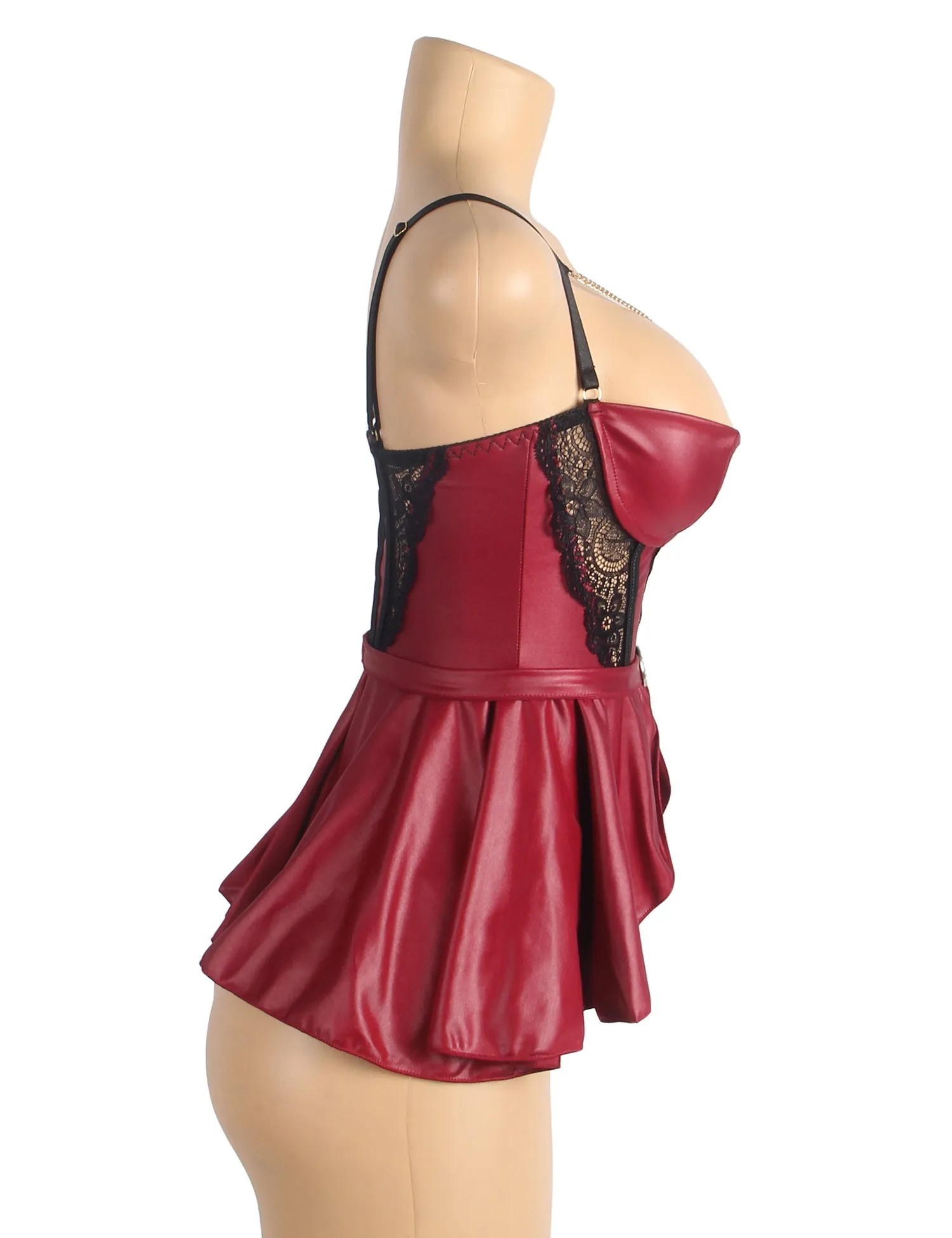 Burgundy Removable Chains Faux Leather Lace Sexy Egypt Lingerie
