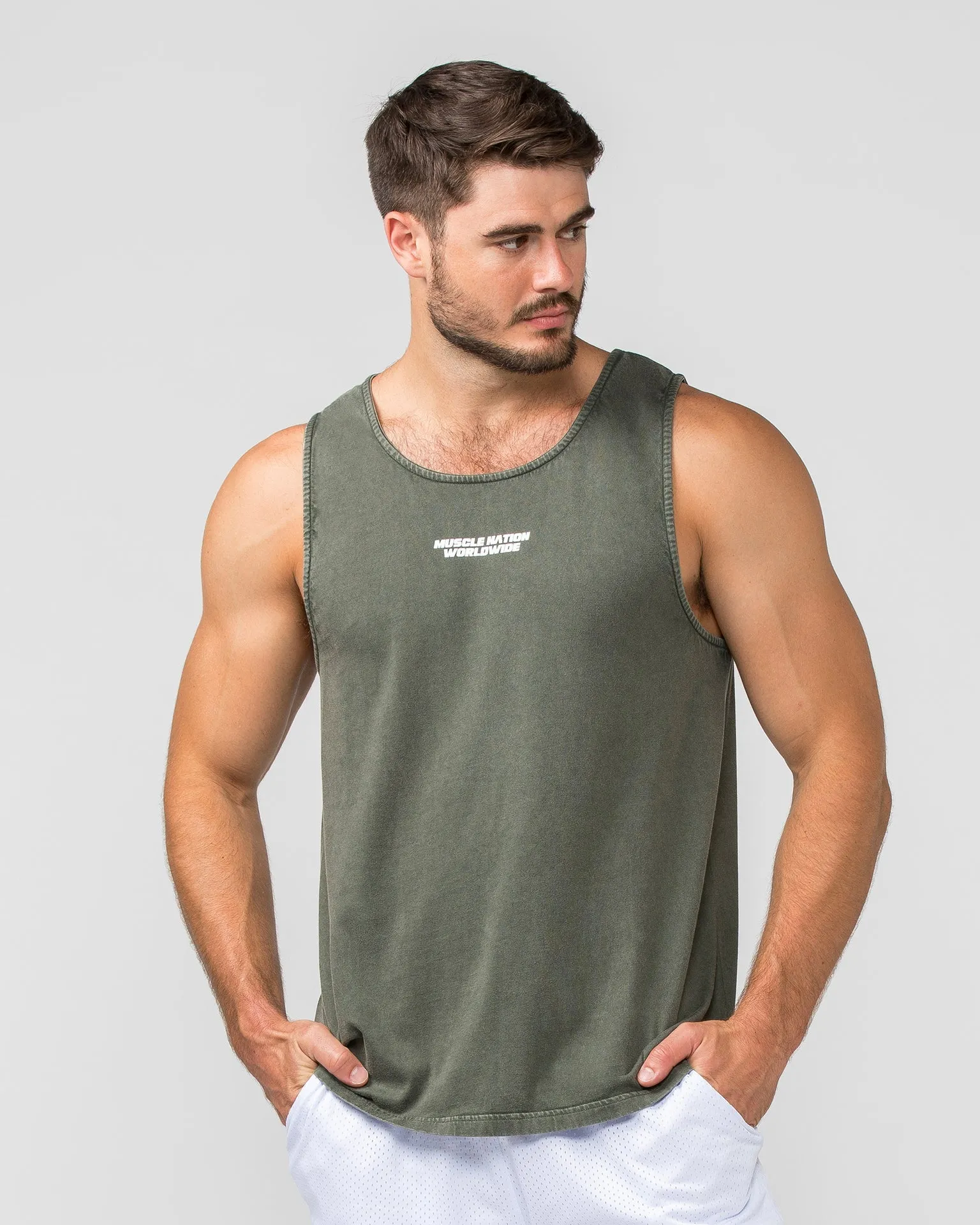 Burly Training Tank - Dark Khaki (White logo)