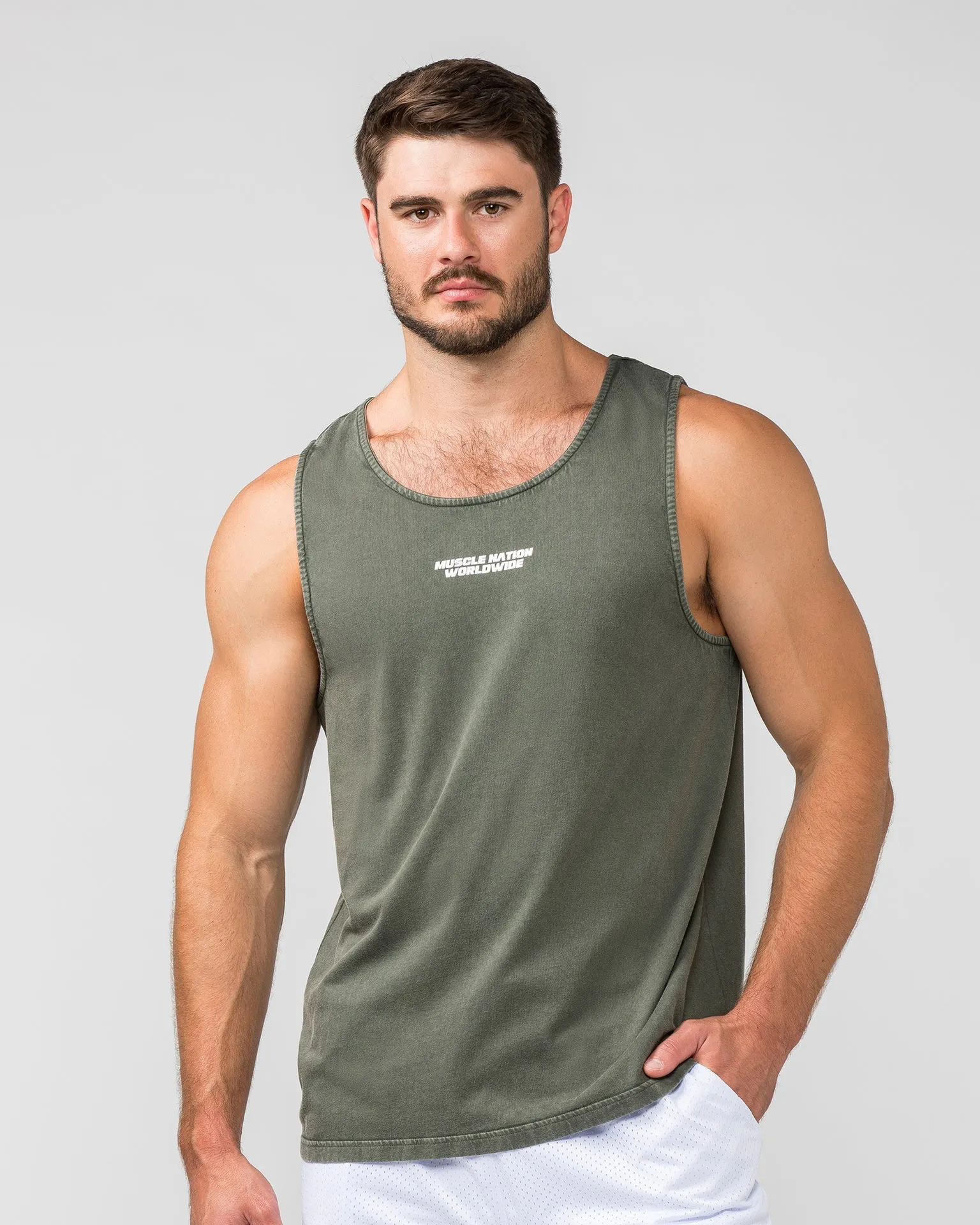 Burly Training Tank - Dark Khaki (White logo)