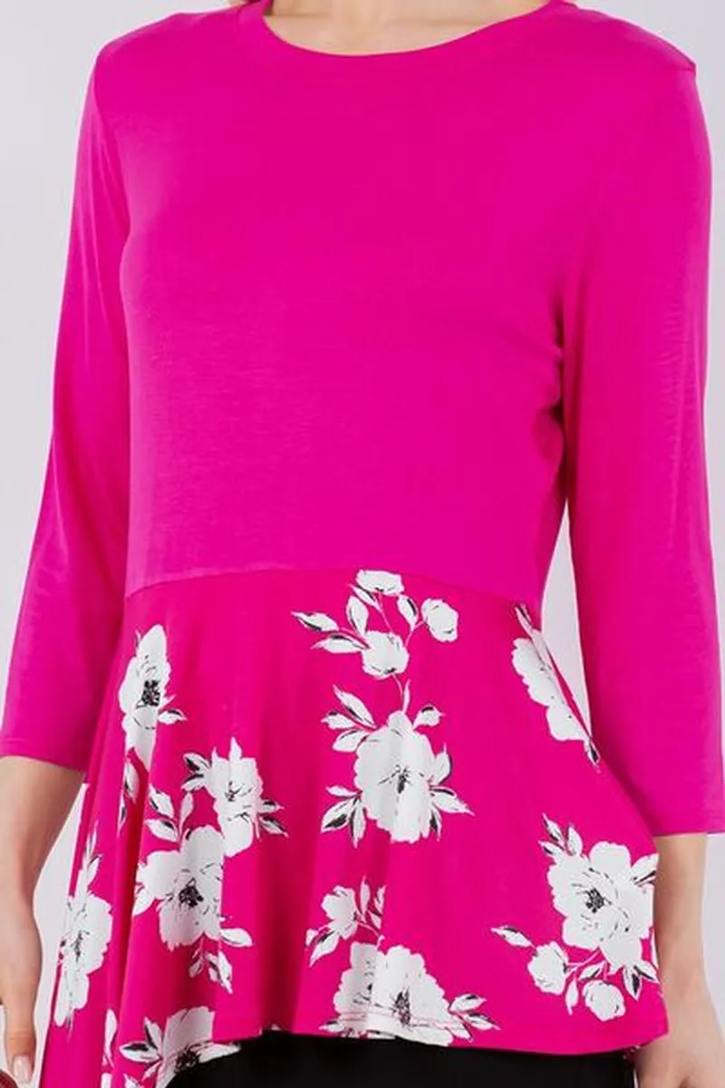 Celeste Full Size Floral Asymmetrical Hemline round Neck Top plus Size