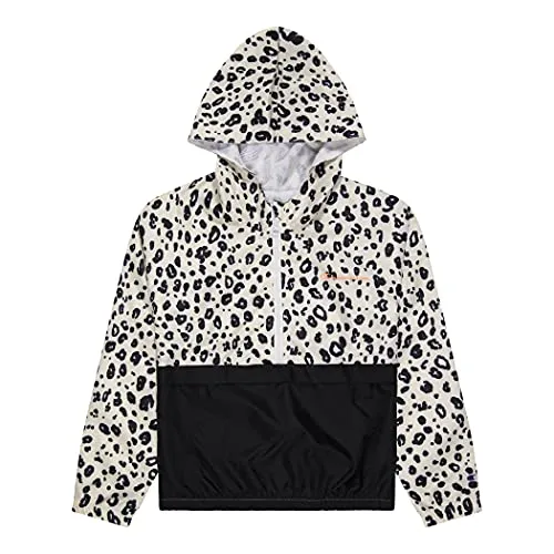 Champion Heritage Girls Kids Clothes Windbreaker Jacket With Hood (Medium, Natural/Black Leaopard Aop)
