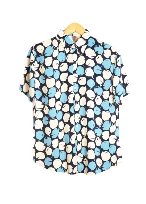 Chemise marine motifs ronds bleus -beige