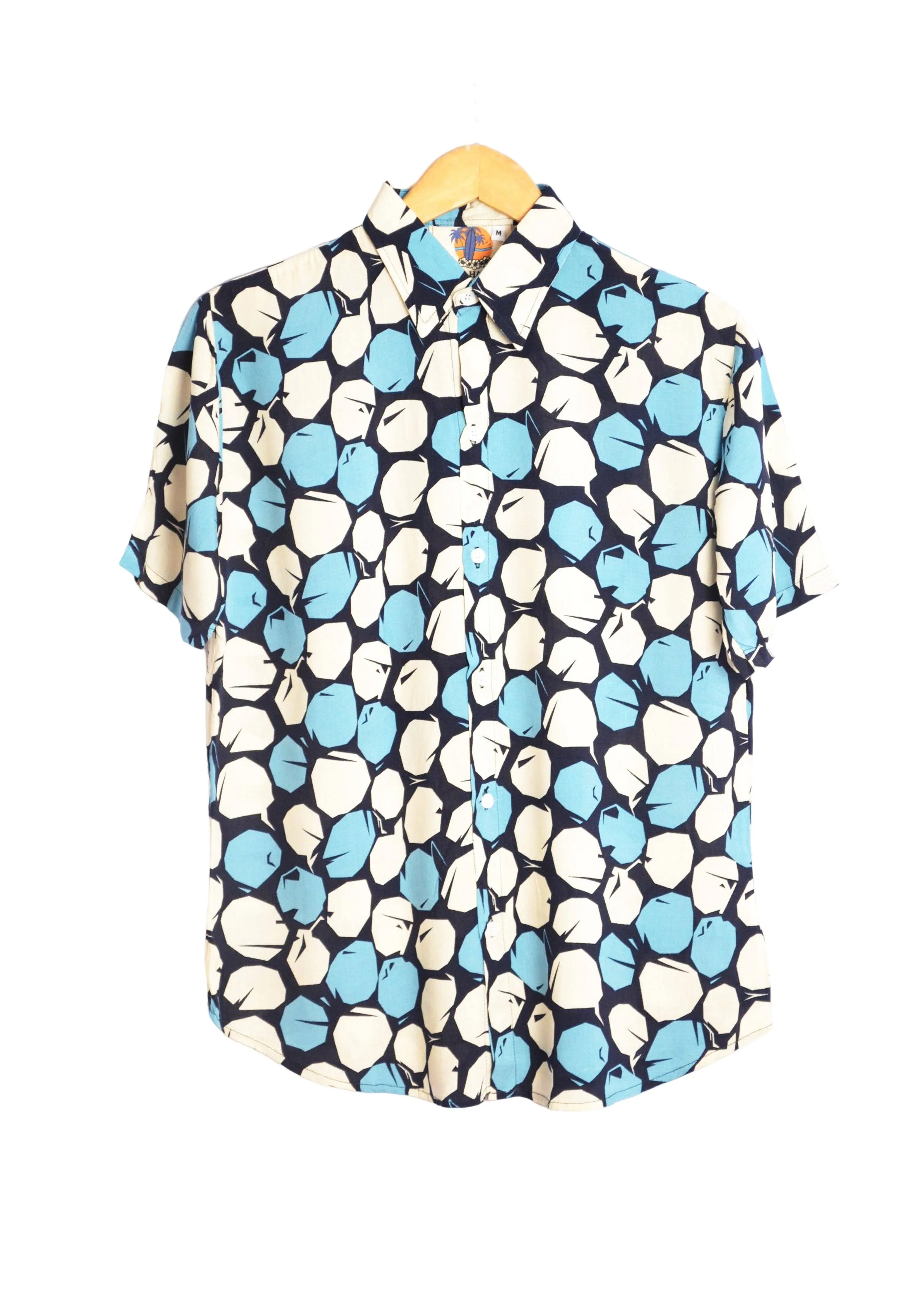 Chemise marine motifs ronds bleus -beige