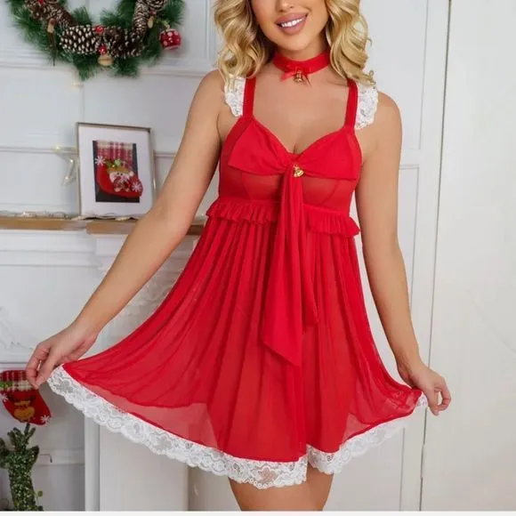 Christmas Women Sexy Babydoll Lingerie Lace Chemise Red Santa Sleepwear Set