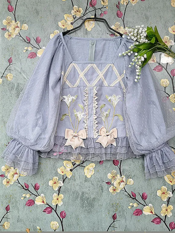 Classic Lolita Blouses Infanta Bows Lace Long Sleeves Lolita Top Top Floral Print Blue Gray Lolita Shirt