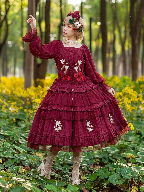 Classic Lolita Blouses Infanta Bows Lace Long Sleeves Lolita Top Top Floral Print Blue Gray Lolita Shirt