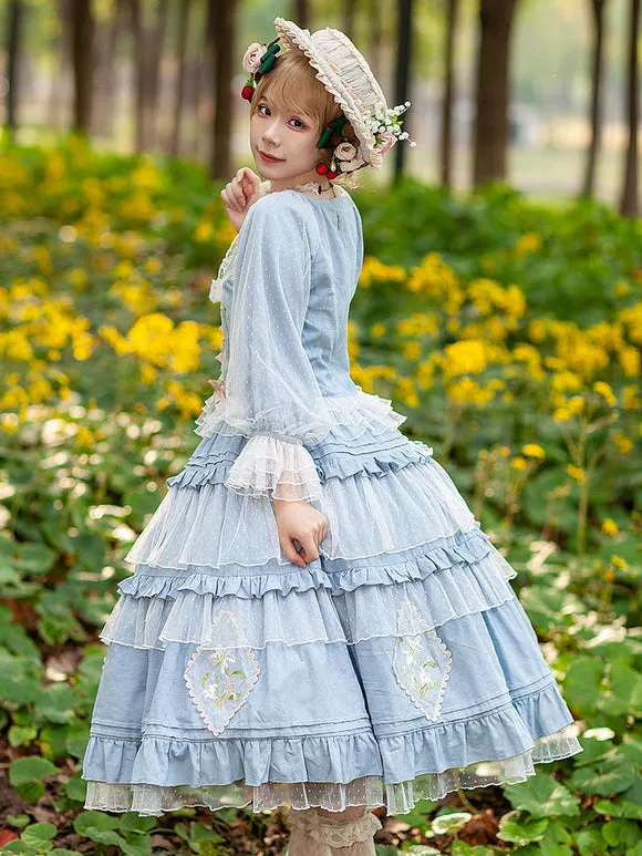 Classic Lolita Blouses Infanta Bows Lace Long Sleeves Lolita Top Top Floral Print Blue Gray Lolita Shirt