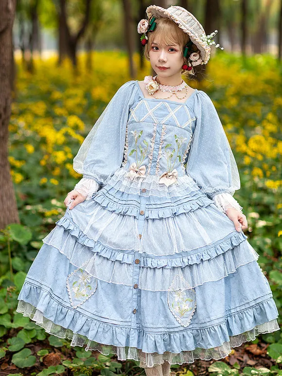 Classic Lolita Blouses Infanta Bows Lace Long Sleeves Lolita Top Top Floral Print Blue Gray Lolita Shirt