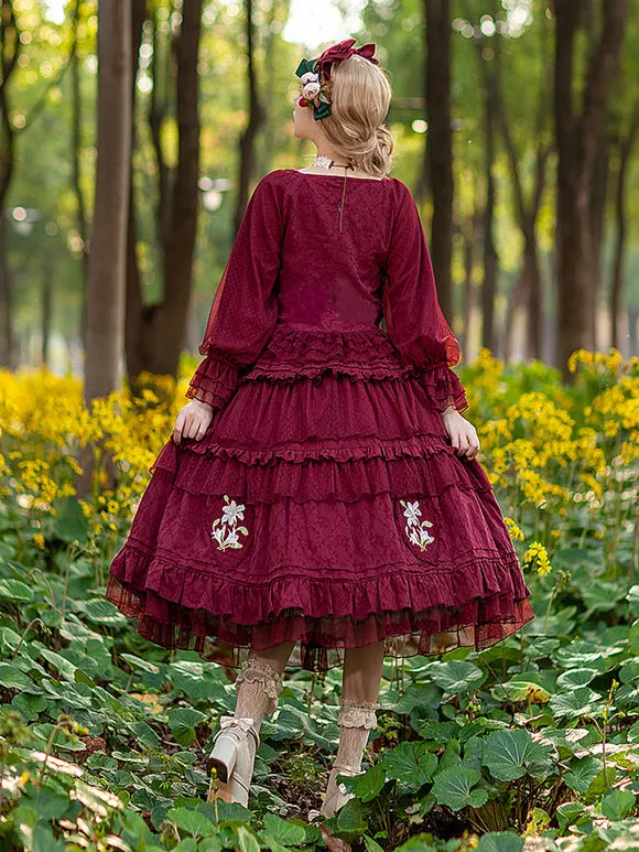 Classic Lolita Blouses Infanta Bows Lace Long Sleeves Lolita Top Top Floral Print Blue Gray Lolita Shirt