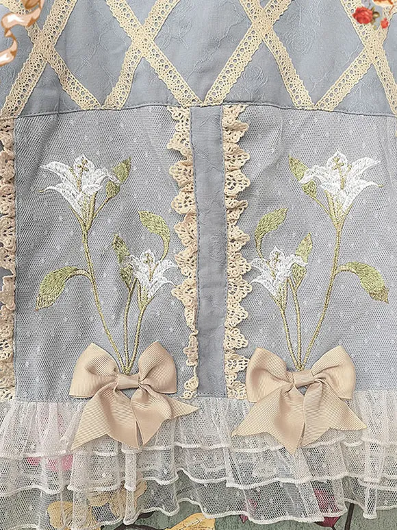 Classic Lolita Blouses Infanta Bows Lace Long Sleeves Lolita Top Top Floral Print Blue Gray Lolita Shirt