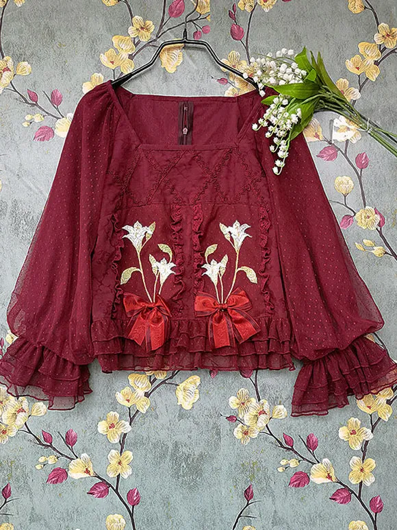 Classic Lolita Blouses Infanta Bows Lace Long Sleeves Lolita Top Top Floral Print Blue Gray Lolita Shirt