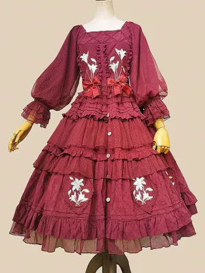 Classic Lolita Blouses Infanta Bows Lace Long Sleeves Lolita Top Top Floral Print Blue Gray Lolita Shirt