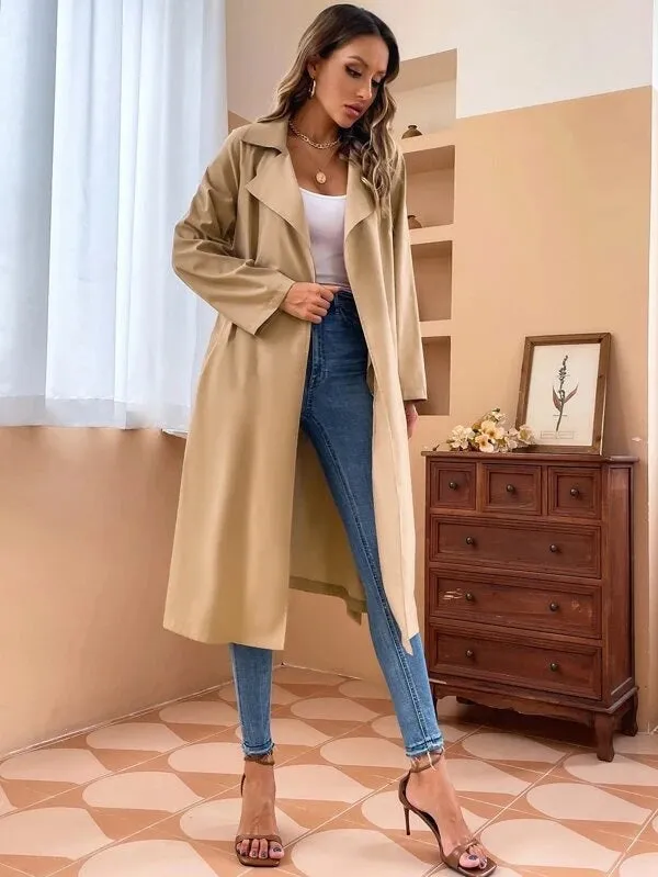 CM-CS558544 Women Elegant Seoul Style Lapel Collar Raglan Sleeve Belted Trench Coat