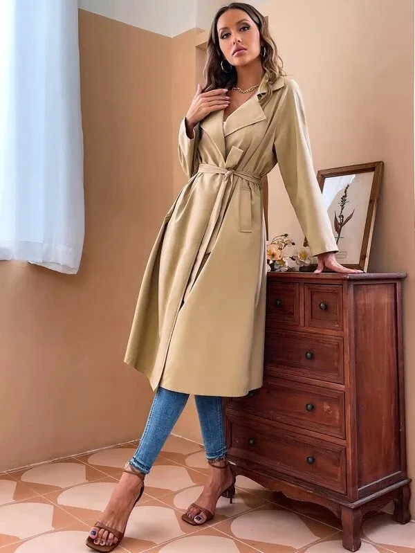 CM-CS558544 Women Elegant Seoul Style Lapel Collar Raglan Sleeve Belted Trench Coat