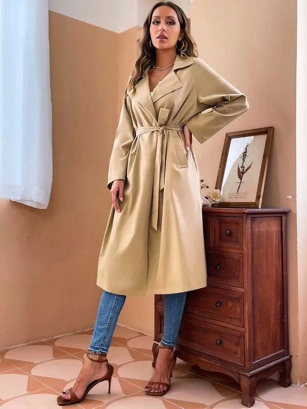 CM-CS558544 Women Elegant Seoul Style Lapel Collar Raglan Sleeve Belted Trench Coat