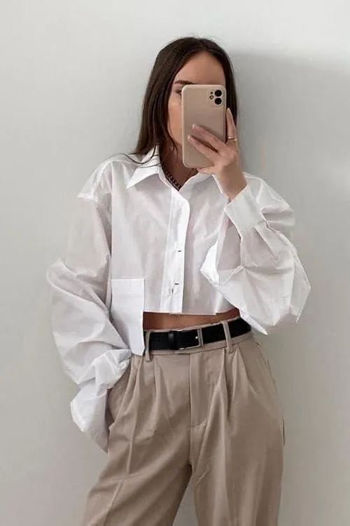 Cropped navel short white shirt