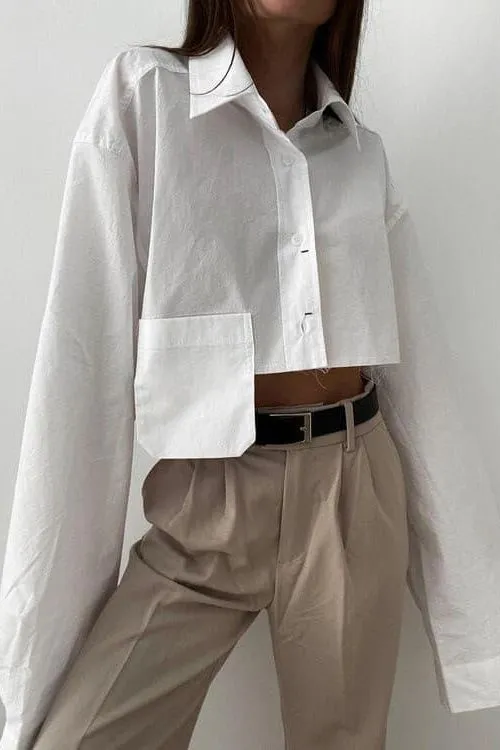 Cropped navel short white shirt